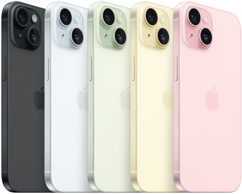 An array of iPhone 15 smartphones in various colors including black, white, gold, silver, and pink.
