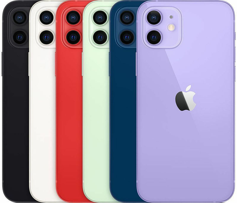 iPhone 12 smartphones in various colors including black, red, white, blue, and purple, all showing the rear camera and Apple logo.