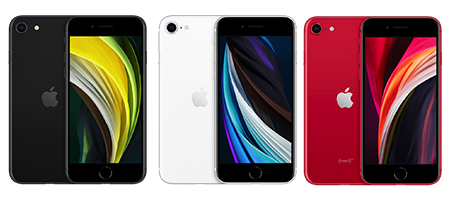 Three iPhone SE (3rd Generation) smartphones in different colors: black, white, and red, displayed in a row.
