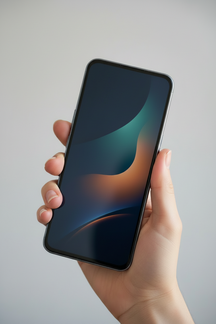 A hand holding a black smartphone with a dark screen displaying an abstract blue and orange wallpaper, set against a plain light gray background.