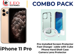 An advertisement for an iPhone 11 Pro combo pack including a pre-installed screen protector, a fast charger, a phone hard shell case, and a camera lens protector.