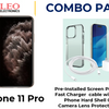 An advertisement for an iPhone 11 Pro combo pack including a pre-installed screen protector, a fast charger, a phone hard shell case, and a camera lens protector.