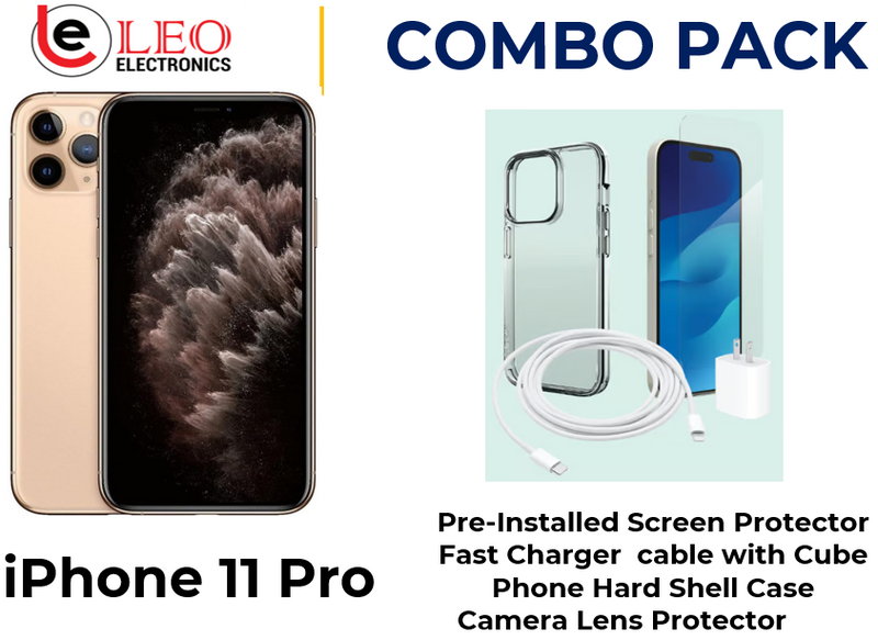 An advertisement for an iPhone 11 Pro combo pack including a pre-installed screen protector, a fast charger, a phone hard shell case, and a camera lens protector.