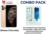 An image showing a gold iPhone 11 Pro Max with a pre-installed screen protector, accompanied by a fast charger cable with a cube, a phone hard shell case, and a camera lens protector.