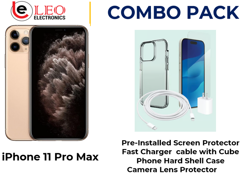 An image showing a gold iPhone 11 Pro Max with a pre-installed screen protector, accompanied by a fast charger cable with a cube, a phone hard shell case, and a camera lens protector.