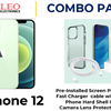 Green iPhone 12 with a pre-installed screen protector, a fast charger cable with a cube, a phone hard shell case, and a camera lens protector.