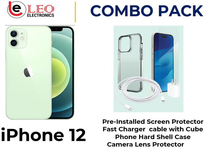Green iPhone 12 with a pre-installed screen protector, a fast charger cable with a cube, a phone hard shell case, and a camera lens protector.