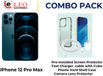 iPhone 12 Pro Max with a combo pack including a pre-installed screen protector, a fast charger cable with a cube, a phone hard shell case, and a camera lens protector.