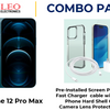 iPhone 12 Pro Max with a combo pack including a pre-installed screen protector, a fast charger cable with a cube, a phone hard shell case, and a camera lens protector.