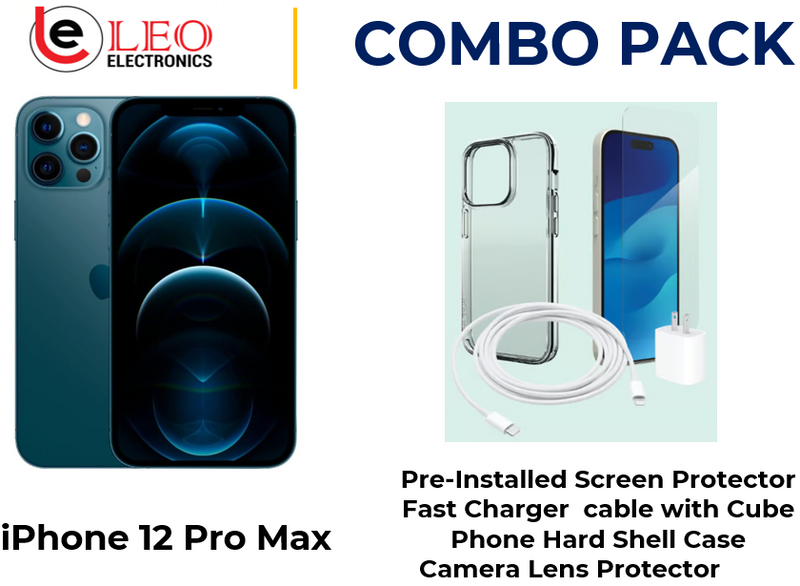 iPhone 12 Pro Max with a combo pack including a pre-installed screen protector, a fast charger cable with a cube, a phone hard shell case, and a camera lens protector.