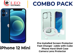 iPhone 12 Mini in blue color with a combo pack including a pre-installed screen protector, a fast charger cable with a cube, a phone hard shell case, and a camera lens protector.