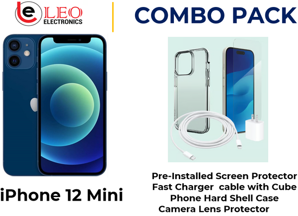 iPhone 12 Mini in blue color with a combo pack including a pre-installed screen protector, a fast charger cable with a cube, a phone hard shell case, and a camera lens protector.