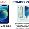 iPhone 12 Mini in blue color with a combo pack including a pre-installed screen protector, a fast charger cable with a cube, a phone hard shell case, and a camera lens protector.