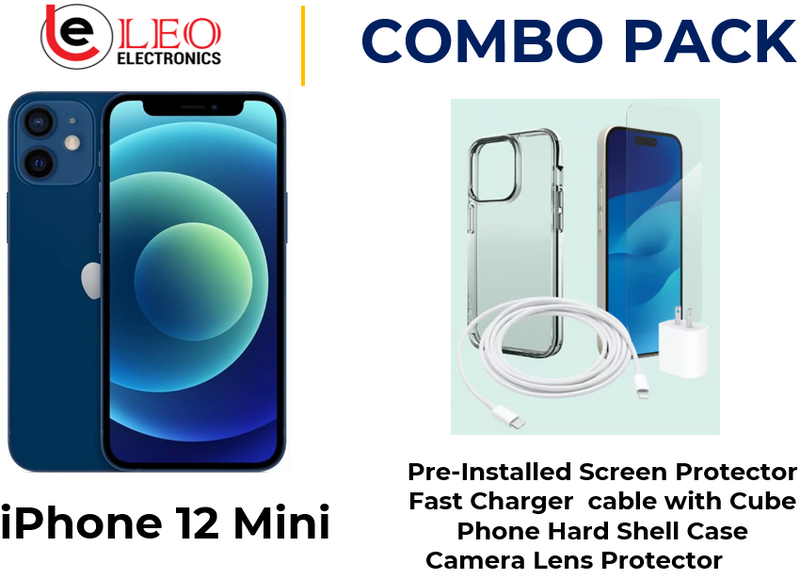 iPhone 12 Mini in blue color with a combo pack including a pre-installed screen protector, a fast charger cable with a cube, a phone hard shell case, and a camera lens protector.