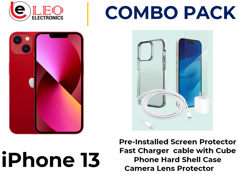 iPhone 13 including a red iPhone 13 with a pre-installed screen protector, a fast charger, a phone hard shell case, and a camera lens protector.