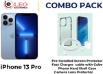 iPhone 13 Pro Combo Pack showing the phone with a pre-installed screen protector, fast charger cable, and a camera lens protector with hard shell case.