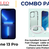 iPhone 13 Pro Combo Pack showing the phone with a pre-installed screen protector, fast charger cable, and a camera lens protector with hard shell case.