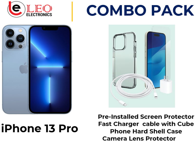 iPhone 13 Pro Combo Pack showing the phone with a pre-installed screen protector, fast charger cable, and a camera lens protector with hard shell case.