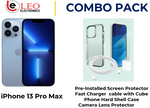 iPhone 13 Pro Max in light blue color with accessories including a pre-installed screen protector, a fast charger cable with a cube, a phone hard shell case, and a camera lens protector.