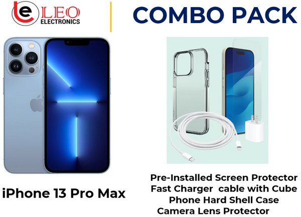 iPhone 13 Pro Max in light blue color with accessories including a pre-installed screen protector, a fast charger cable with a cube, a phone hard shell case, and a camera lens protector.