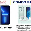 iPhone 13 Pro Max in light blue color with accessories including a pre-installed screen protector, a fast charger cable with a cube, a phone hard shell case, and a camera lens protector.