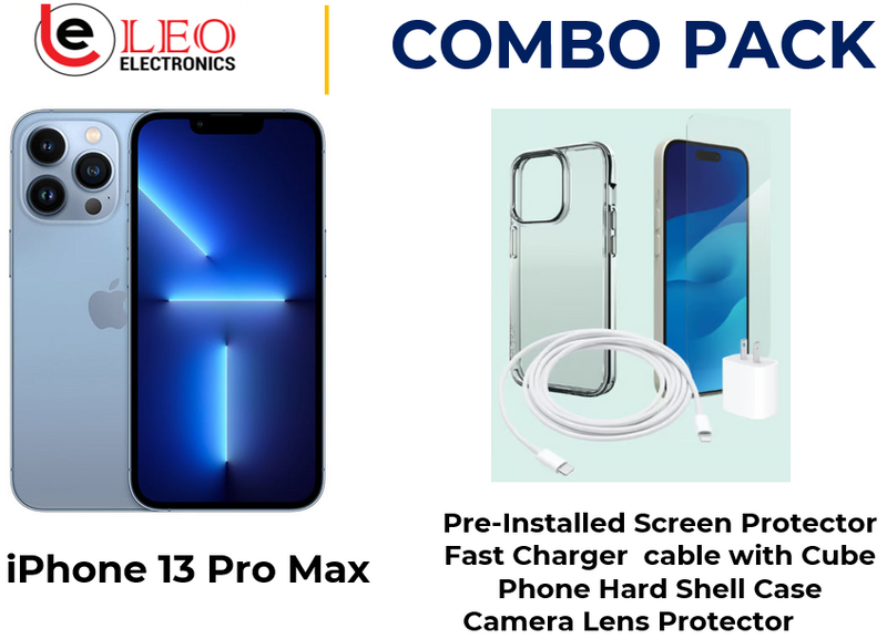 iPhone 13 Pro Max in light blue color with accessories including a pre-installed screen protector, a fast charger cable with a cube, a phone hard shell case, and a camera lens protector.