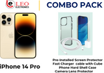 iPhone 14 Pro combo pack including a pre-installed screen protector, a fast charger cable with a cube, a hard shell case, and a camera lens protector.