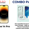 iPhone 14 Pro combo pack including a pre-installed screen protector, a fast charger cable with a cube, a hard shell case, and a camera lens protector.