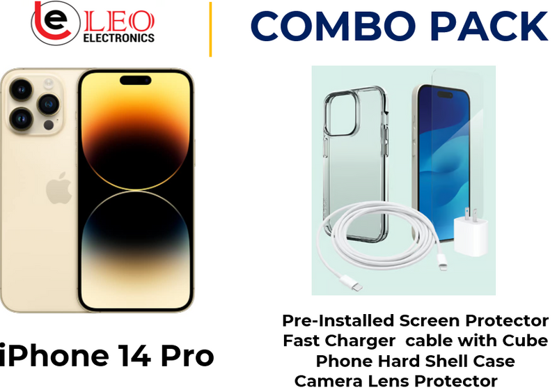 iPhone 14 Pro combo pack including a pre-installed screen protector, a fast charger cable with a cube, a hard shell case, and a camera lens protector.
