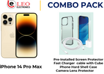 iPhone 14 Pro Max with pre installed screen protector, fast charger cable with cube, hard shell case and camera lens protector