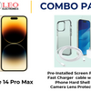iPhone 14 Pro Max with pre installed screen protector, fast charger cable with cube, hard shell case and camera lens protector