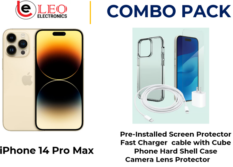 iPhone 14 Pro Max with pre installed screen protector, fast charger cable with cube, hard shell case and camera lens protector