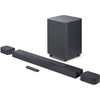 JBL Bar 700 soundbar system with a subwoofer and two satellite speakers, all in black color.