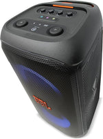 ​Close-up of the top control panel of JBL PartyBox Stage 320 featuring volume knobs, light show buttons, and dual mic/guitar inputs.