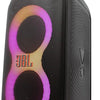 JBL PartyBox Stage 320 portable party speaker showing its dual woofers, tweeters, and signature ring light effects on a dark background.