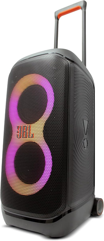 JBL PartyBox Stage 320 portable party speaker showing its dual woofers, tweeters, and signature ring light effects on a dark background.