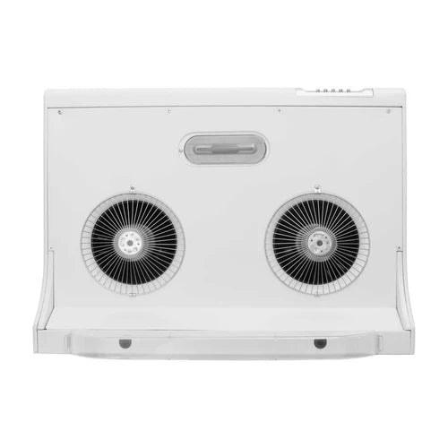 White range hood with dual fans under cabinet