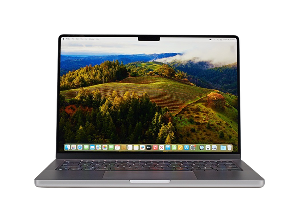 Laptop displaying a scenic mountain landscape on a white background