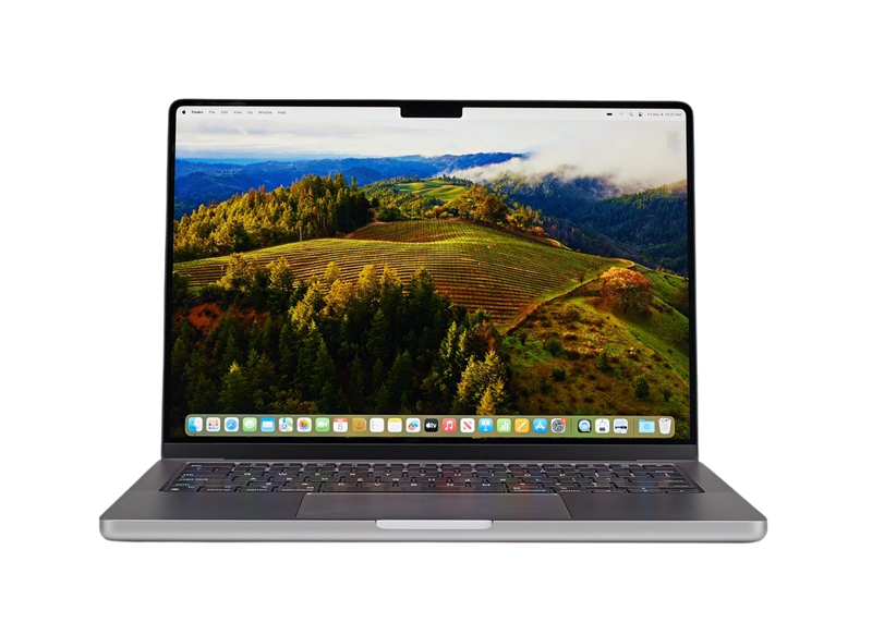 Laptop displaying a scenic mountain landscape on a white background