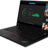 Lenovo ThinkPad T490 laptop with a black color scheme, displaying a colorful wallpaper on the screen, featuring a 14-inch screen and a keyboard with a red backlight.