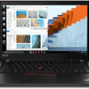 Lenovo ThinkPad T490 laptop with a black color scheme, displaying a colorful wallpaper on the screen, featuring a 14-inch screen and a keyboard with a red backlight.