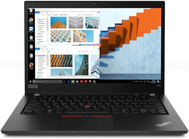 Lenovo ThinkPad T490 laptop with a black color scheme, displaying a colorful wallpaper on the screen, featuring a 14-inch screen and a keyboard with a red backlight.