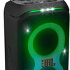 A portable JBL PartyBox Stage 320 speaker with illuminated light effects, featuring a black casing, wheels, and a telescopic handle.