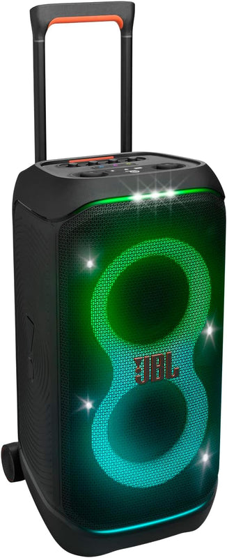 A portable JBL PartyBox Stage 320 speaker with illuminated light effects, featuring a black casing, wheels, and a telescopic handle.