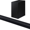 Samsung soundbar with a black finish and a subwoofer included, displaying the front view with a minimalistic design.