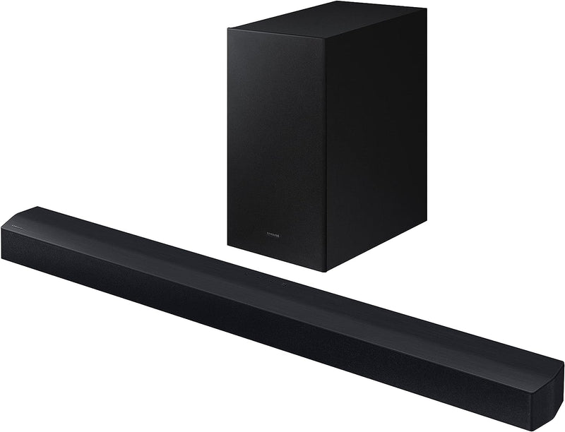 Samsung soundbar with a black finish and a subwoofer included, displaying the front view with a minimalistic design.
