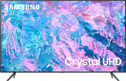 A flat Samsung Crystal UHD Television displaying a colorful abstract image on the screen, with the Samsung logo at the top and the text 'CRYSTAL UHD' below the screen.
