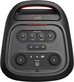 Close-up of the top control panel of JBL PartyBox Stage 320 featuring volume knobs, light show buttons, and dual mic/guitar inputs.