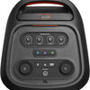 Close-up of the top control panel of JBL PartyBox Stage 320 featuring volume knobs, light show buttons, and dual mic/guitar inputs.