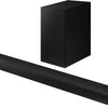 Samsung 2.1ch Soundbar with subwoofer, black in color, displaying the front view with a part of the subwoofer visible.